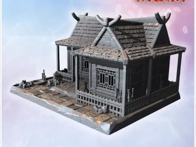 Double house with tiled roofs wooden lattice windows and stone p 3D print model