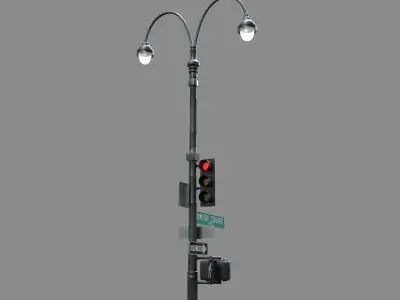 LowPoly Traffic light with street lamp 2 Low-poly 3D model