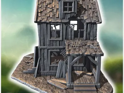 Large wooden house with a damaged porch broken roof shingles and 3D print model