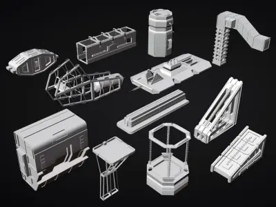Sci-Fi Kitbash Building Dressing Pack 12 Low Poly 3D Models Low-poly 3D model