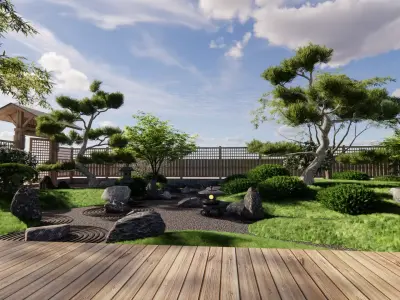 Japanese Zen - style Garden Landscape Design 3D model