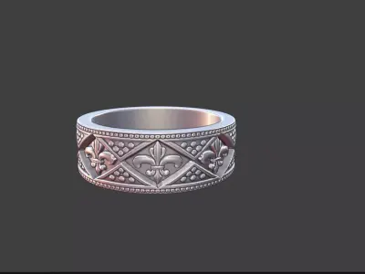 Fleur de Lis Band Ring with Geometric Triangles Silver Jewelry 3D print model