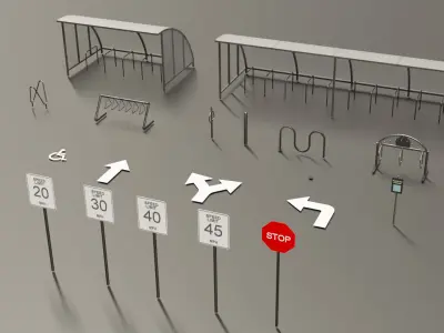 Bicycle Rack and Traffic Sign Pack  Low-poly 3D model