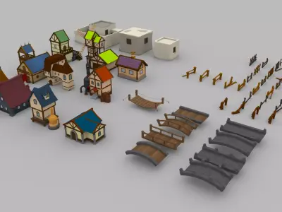 cartoon house bridge fence Low-poly 3D model