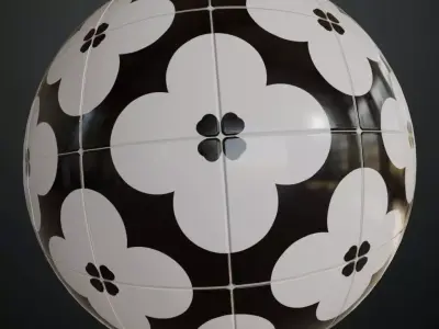 Modern Retro Black and White Floral Graphic Tiles PBR Seamless Texture