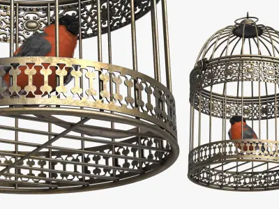  Vintage Cage with Perched Bird on Branch Brass 