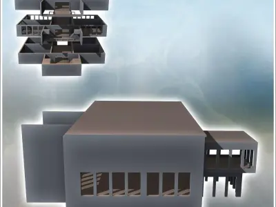Modern flat-roofed building with internal staircase and raised a 3D print model