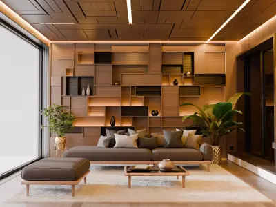 Modern Abstract Wooden Living Room 3D model