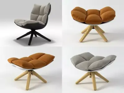 H four different chairs on wooden legs 3D model