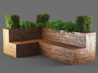 bench926 wooden planter with plants in it 3D model