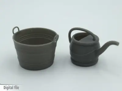 Set of 2 handheld gardening tools - Bucket and watering can  3D print model