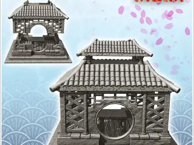 Oriental altar with round openings and curved double roof 2 - As 3D print model