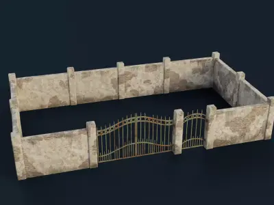 Stone wall with a gate Low-poly 3D model