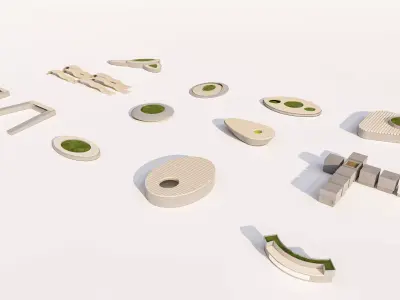 Urban Park concrete and wood benches with planter kit Low-poly 3D model