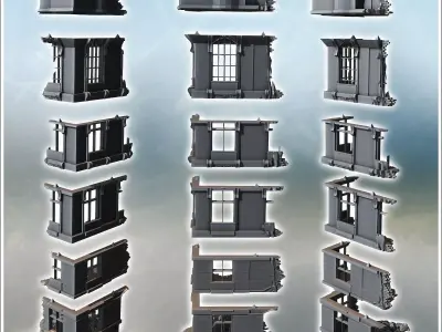 Narrow ruined structure with detailed windows exposed brickwork  3D print model