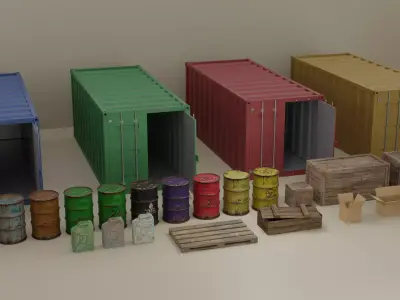 Containers Barrels Boxes Jerrycans Low-poly 3D model