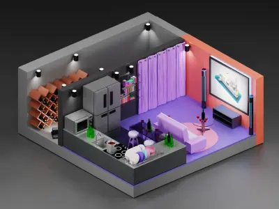 living room and kitchen room isometric  Low-poly 3D model