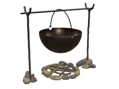 campfire cauldron with rocks and sticks 3D model