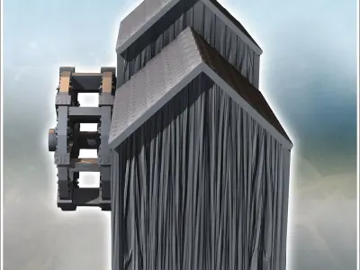 Rural water mill with a three-part building and a wooden wheel 3 3D print model