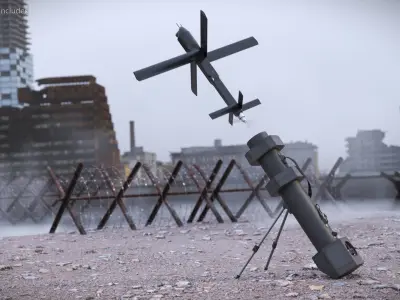  Infantry Drone Launch Weapon with UAV In Flight Black Rigged for Cinema 4D 