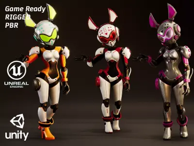 Stylized Sci-Fi Bunny Girl 2 Game Ready Female Character 3 Skins Low-poly 3D model