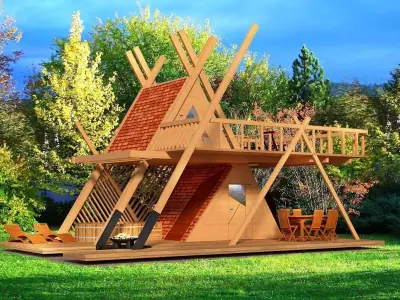Glamping tower with hot tube and fire pit 3d model Low-poly 3D model