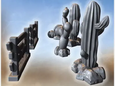 Three cactus arrangements with wooden fences including barrel pr 3D print model