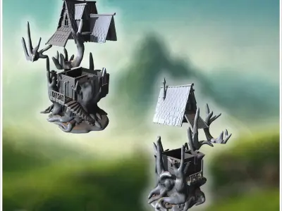 Gothic house elevated on twisted roots with steep rooflines and  3D print model