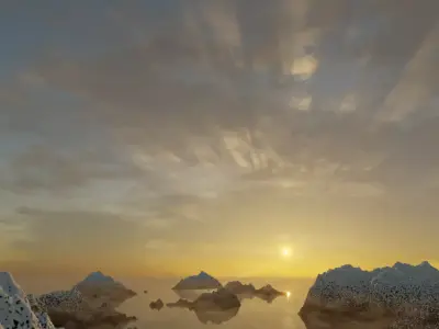 Procedural cloud sunset and spaceship 3D model