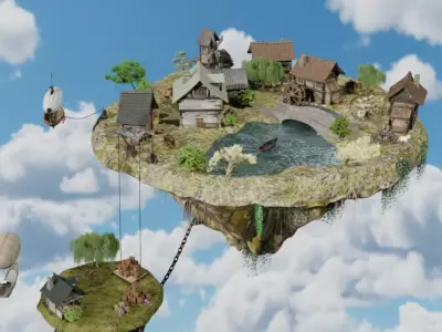 Floating Island Village Ultra-Realistic 3D Environment Low-poly 3D model