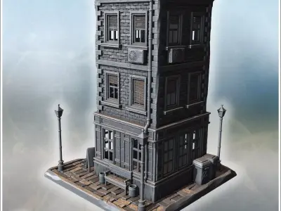 Three-story brick building with shuttered windows detailed entra 3D print model