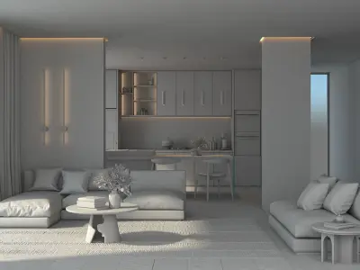 Modern Living Room and Kitchen 3D model buy