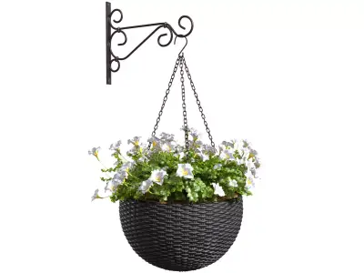 Hanging basket flowerpot rattan pot with flowers 3D model