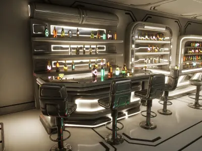 Cyber bar sci fi furniture and neon signs Low-poly 3D model