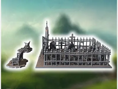 Gothic-style graveyard with spiked fences benches and a detailed 3D print model