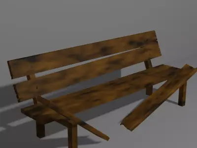 Wooden bench clear old and broken version Low-poly 3D model