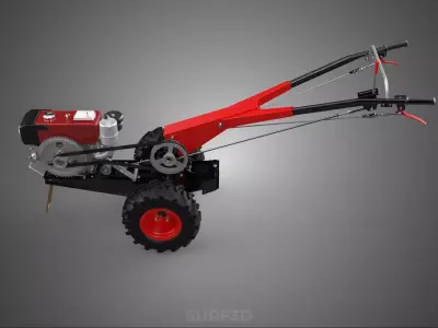 RED DIESEL ENGINE HAND WALKING TRACTOR POWER TILLER MACHINE FARM 3D model
