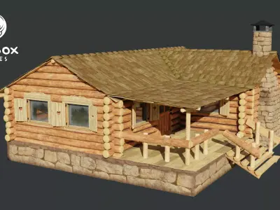 Medium Log Cabin with Interior Fireplace Doors and Windows Low-poly 3D model