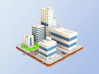 Low Poly City Block Factory Buildings  Low-poly 3D model