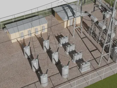 Substation Set 3 power station with wires and poles Low-poly 3D model