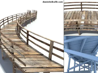 Footbridge Low Poly curved wooden bridge Low-poly 3D model