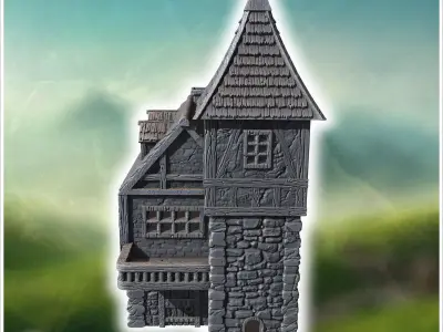 Towered medieval building with a wooden balcony stone base and s 3D print model