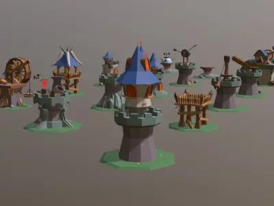 Defense Set 1 of miniature castles and towers Low-poly 3D model