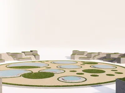 Circular Amphitheater Seating and Water Feature Landscape Low-poly 3D model