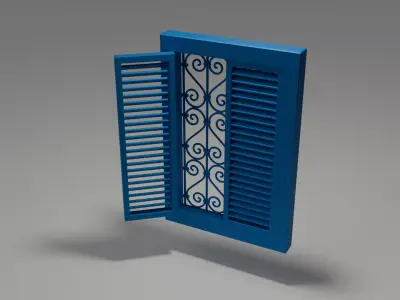 Tunisian Blue Wooden Window with Wrought Iron Swirls Free 3D model