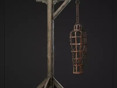 Gibbet wooden pole with basket hanging from it Low-poly 3D model
