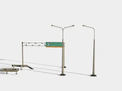 highway guard rail signs and street lights with 4k pbr textures Low-poly 3D model
