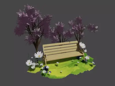 Stylized Park Bench Scene Garden Environment Low Poly Low-poly 3D model