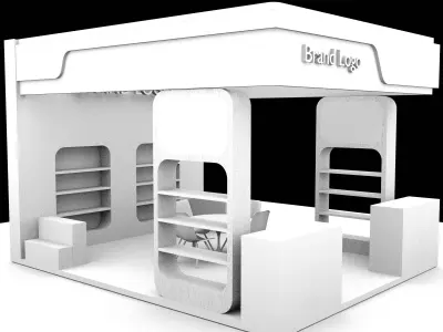 Modern Green-Themed Display Booth with Wood Accents and Lighting 3D model