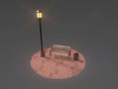 Park bench plus lantern and garbage bin Low-poly 3D model